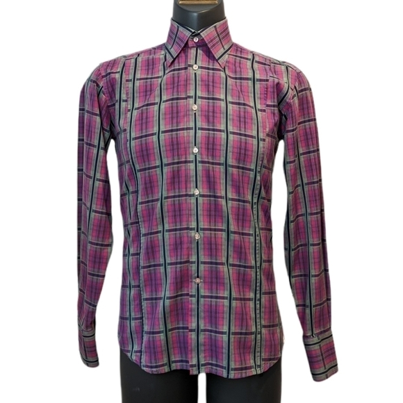 COTON Doux Paris pink plaid slim fit button front shirt sz 15 1/2 - Picture 2 of 7
